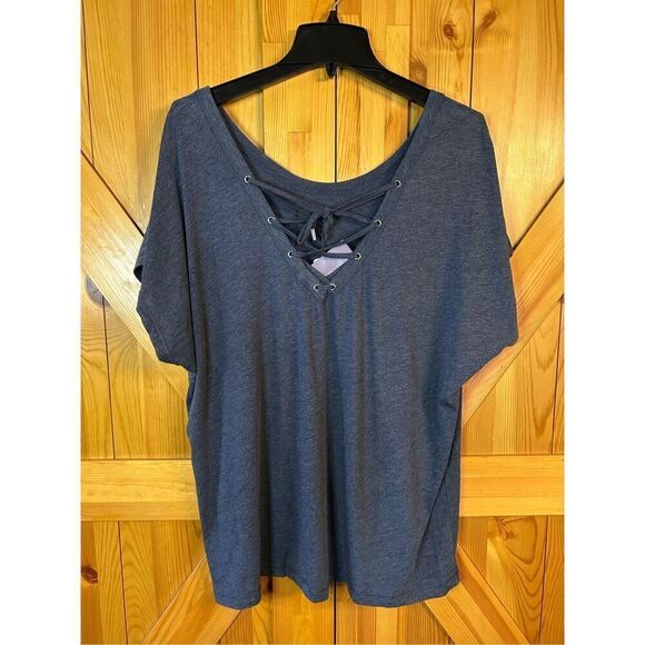 CJ Banks 1X Shirt Top Navy Blue Back V Lace Up Short Sleeve nwt (0762) - Picture 3 of 5